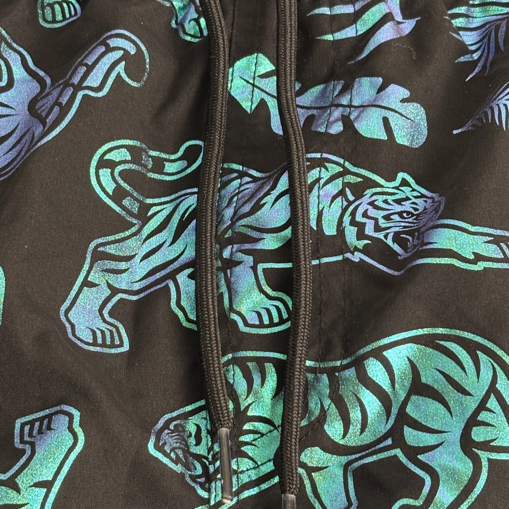 UZZI Men's L Swim Shorts Mesh Lined Trunks Black Iridescent Tiger‎ Palms Beach - Picture 11 of 16